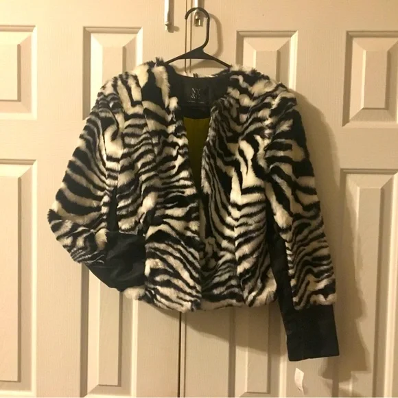 Zebra Faux Fur & Leather Bomber-Styled Jacket (Slimming) - Picture 1 of 5